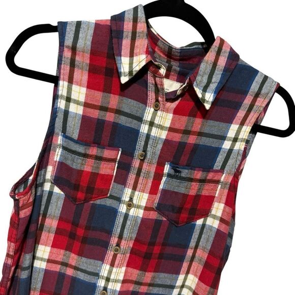2/$30 Abercrombie & Fitch Plaid Check Tartan Sleeveless Flannel ButtonDown Shirt - Picture 4 of 6